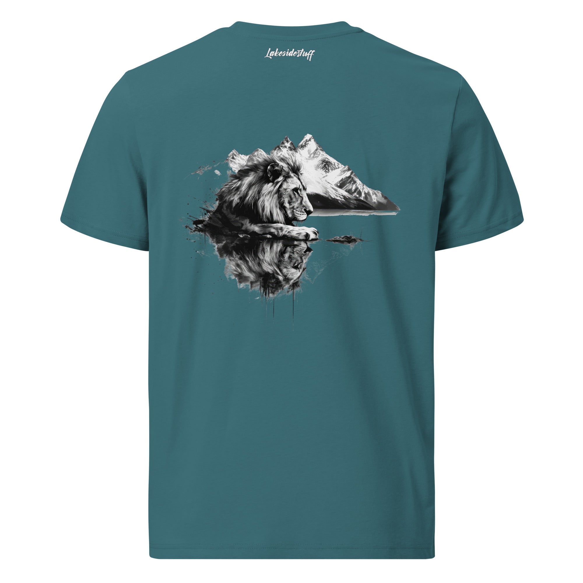 T-Shirt - Backprint - Lion, lake and mountains