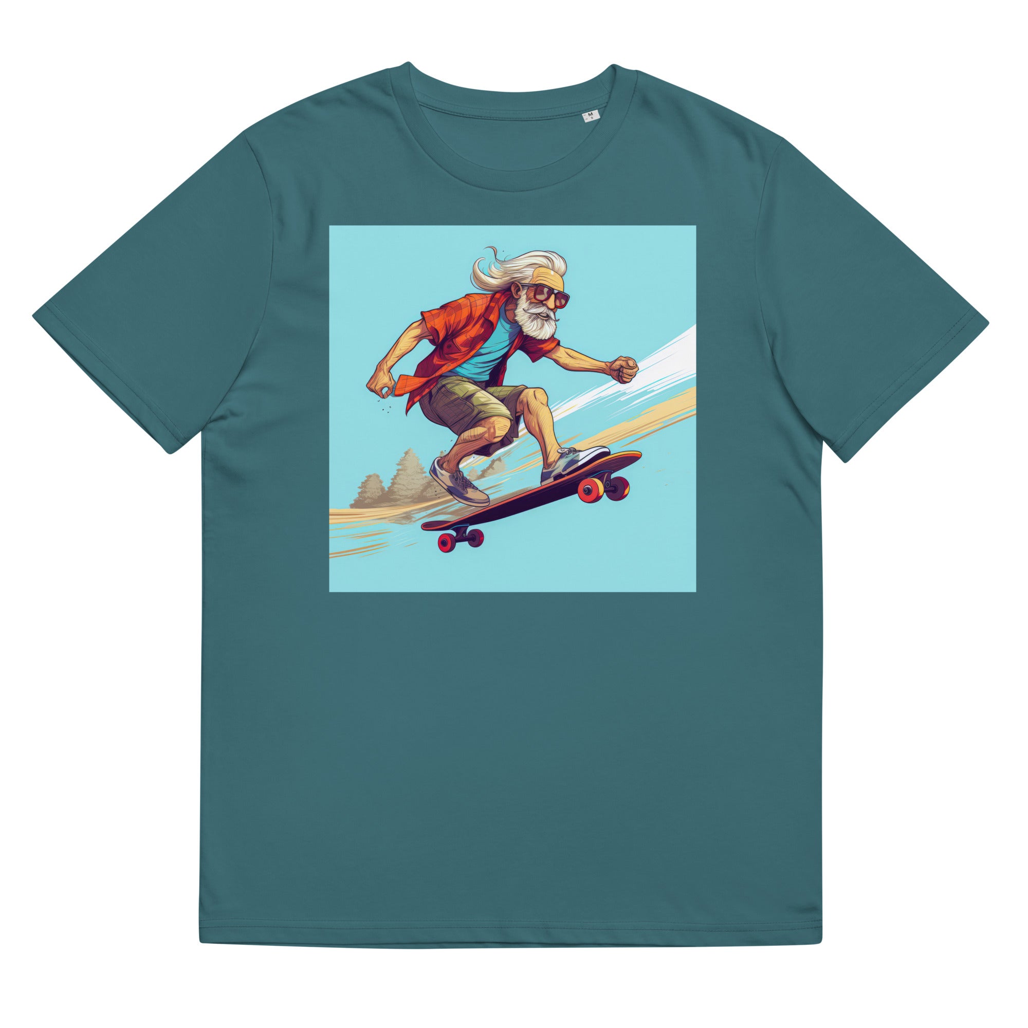 T-Shirt - Frontprint - Opa auf Skateboard - blau